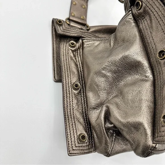 Kooba Leather Expandable Shoulder Handbag Tote Metallic Pewter - Picture 4 of 8